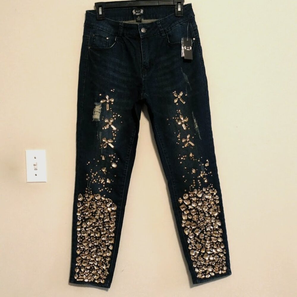 AZI Embellished Jeans with chunky yellow rhinestones and slightly distressed.